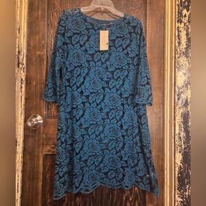 NWT Cut Loose Dark Teal Blue Lace Floral Long Sleeve Dress Sz L